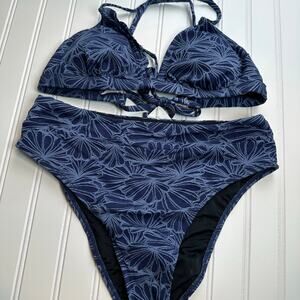 Cupshe Women Blue Floral Bikini Set High Waisted Scallop V Neck Swimsuit Medium